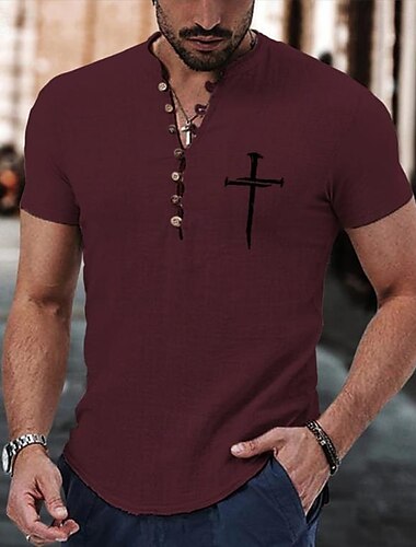  Herren Hemd Popover-Hemd Sommerhemd Freizeithemd Strandhemd Knopfhemd Wein Kaki Grau Kurzarm Klassisch Kreuz Stehkragen Henley Urlaub Hawaiianisch Schnalle Bekleidung Mode Lässig Bequem