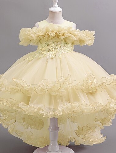  Flower Girl Dress Girls' Formal Dress Princess Dress Party Dress Wedding Special Occasion Adorable Sweet Ruched Zipper Solid Color Short Sleeve Crew Neck White Champagne 4-13 Years