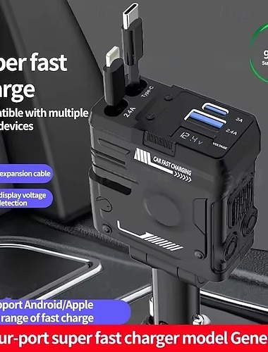  Cargador USB retráctil para coche 4 en 1 de 120 W, carga rápida, enchufe para encendedor de cigarrillos para iPhone &puerto tipo c para iphone samsung huawei