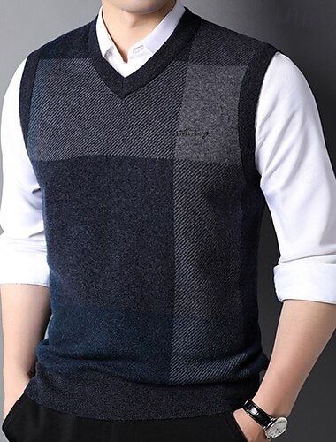 Herren Pullunder Stricken V-Ausschnitt Kariert Karomuster V Ausschnitt Strickware Elegant Schule Formell Bekleidung Frühling Herbst Dunkelgrün Hellgrau S M L