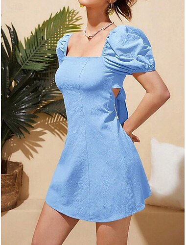  Robe mini femme Robe corset Robe évasée Robe de la laitière Robe à manches bouffantes Vacances Vacances Ajustement régulier uni à manches courtes col carré bleu été