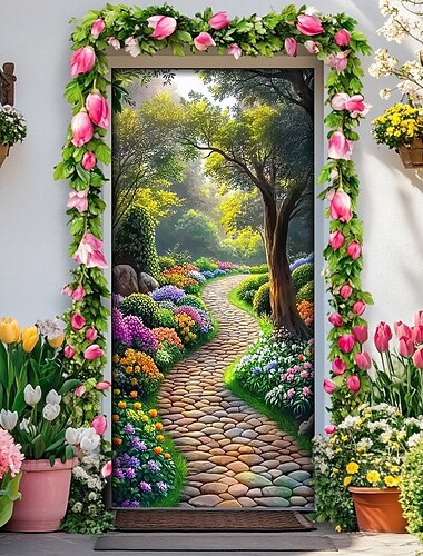  Decoraciones de Puerta Paisaje Cubiertas de Puerta Escaleras a la Casa Tapiz de Puerta Cortina Decoración Fondo Banner Interior/Exterior para Puerta Principal Casa de Campo