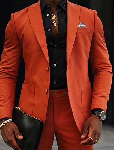  Heren Bruiloft Casual Linnen Kostuums Geel Oranje Mode Formeel Zomer Effen Kleur Standaard Fit 2-delige Enkele Knoop Twee-knopen