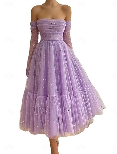  Damen Maxidress abendkleider Tüll-Kleid Elegant Sexy Ausgefallene Party kleid hochzeitsgast Verlobung Regular Fit Glatt Ärmellos Schulterfrei Purpur Sommer Frühling Herbst