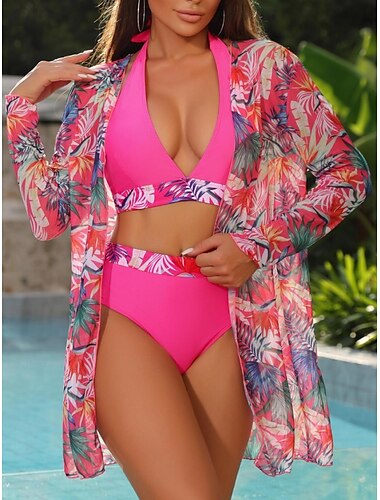  Femme Maillots de Bain Bikinis Trois pièces Slips Maillot de bain Dos Nu Mince Taille haute Vacances Tenues de plage Floral Dos nu manche longue Maillots de bain