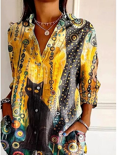  Damen Shirt Grafik Katze Daily Stylisch Retro Vintage 3/4-Länge Ärmel Hemdkragen Reguläre Oberteile Alltag Urlaub Ausgehen Knopf Gelb Sommer Frühling