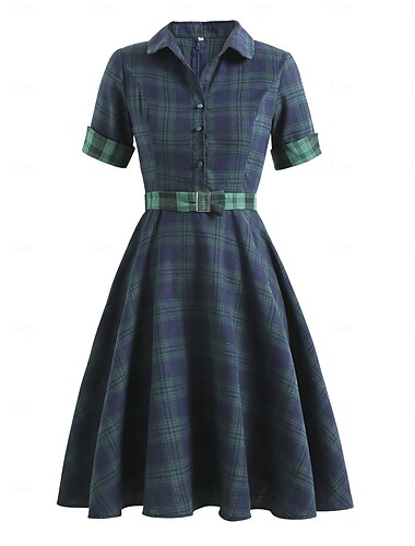  Elegant 1950er Vintage inspiriert Knielang Kleid A-Linie Kleid Teekleid Karomuster A-Linie Damen Weihnachten Karneval Neujahr Heimkehr Alltagskleidung Junggesellinnenabschiedsparty Erwachsene