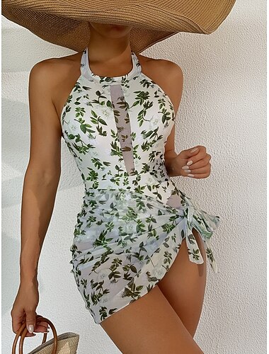  Dámské Plavky 2 ks Monokini Plavky Volná záda Zaštíhlující Vysoký pas Štíhlý prázdniny Oblečení na pláž Květinový Krk ohlávky Bez rukávů Plavky