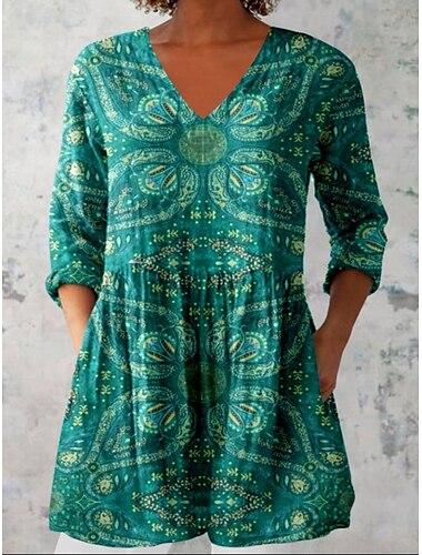  Per donna Camicia Blusa Floreale Boemia Giornaliero Retrò vintage Manica lunga A V Top regolari Giornaliero Stampa Vino Fucsia Verde Estate Primavera