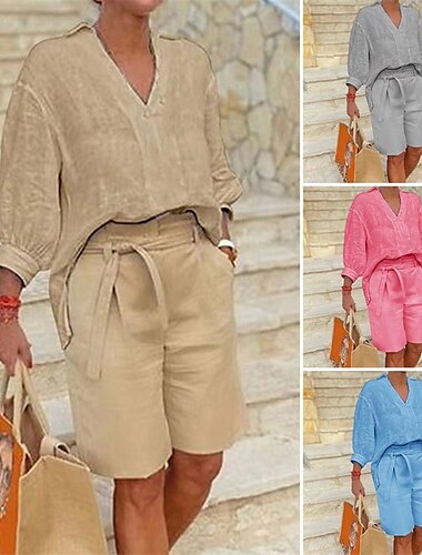  Femmes Mode Streetwear Chemise Ensembles en coton et lin Ensembles deux pièces Shorts de plage Manche Courte Col en V Couleur Unie Cordon de serrage Tenue quotidienne Date Bleu Kaki Gris Été Coupe