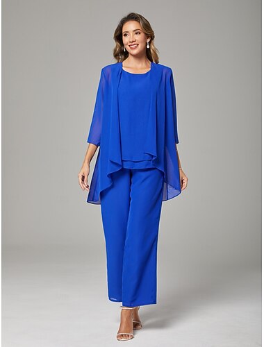 Conjunto de Calças 3 Peças Mãe da Noiva Elegante Plus Size Decote de Joia Comprimento de Tornozelo Chiffon Sem Mangas com Rendas   Conjunto de Calças 3 Peças Mãe da Noiva Elegante Plus Size Decote de Joia Comprimento de Tornozelo Chiffon Sem Mangas com Rendas