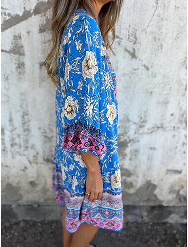  Damen Midikleid A Linie Kleid Boho-Kleid Stilvoll Brautkleider schlicht Urlaub Täglich Regular Fit Blumen 3/4 Ärmel V Ausschnitt Marineblau Königliches Blau Purpur Frühling Herbst