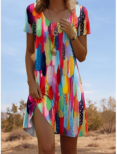  Femme Mini robe Robe t-shirt Robe Trapèze Robe d'été Elégant mode Décontractées du quotidien Standard Graphic Géométrique Manche Courte Col Ras du Cou Arc-en-ciel Eté Printemps