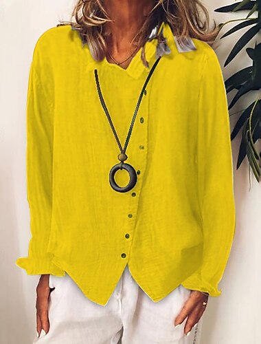  Per donna Camicia Camicie di cotone e lino Camicia di lino Abbottonare Semplice Quotidiano Elegante Essenziale Manica Lunga Colletto a Camicia Top Regolari Lavoro Quotidiano Ferie Bottoni Bianco