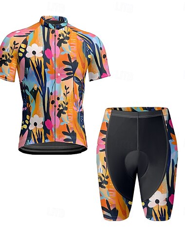  Herren Radtrikot mit Radhose fahrradbekleidung Kurzarm MTB Mountain Rennrad Schwarz Gelb Rosa Blumen Pflanzen Fahhrad Spandex Sport Blumen Pflanzen Bekleidung