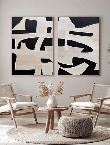  peinture à l'huile noire et blanche art mural fait à la main ensemble de 2 peinture abstraite beige sur toile peinte à la main texture beige peinture moderne art mural peinture abstraite neutre art