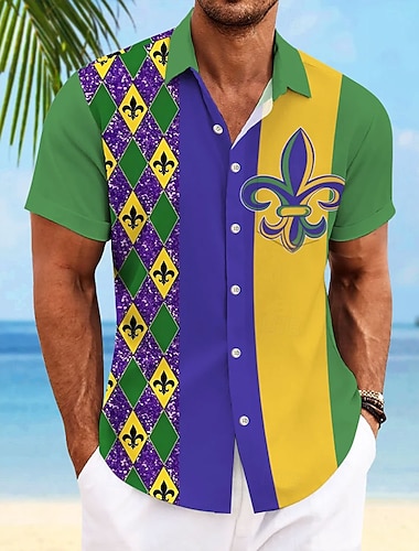  Karneval Herren Karnival Hemd Knopfhemd Kurzarm Modisch lässig Urlaub Geschenk Festtage Sommer Frühling Umlegekragen Hemden mit Kragen Eine Tasche vorne Grün