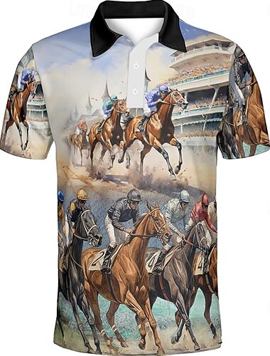  Kentucky Derby Herren Pferderennen Polo Kurzarm Polo-Shirts Hemden mit Kragen Business-Casual Outdoor Alltagskleidung Festival-Outfit 3D-Druck Sommer Frühling Herbst Schwarz Blau