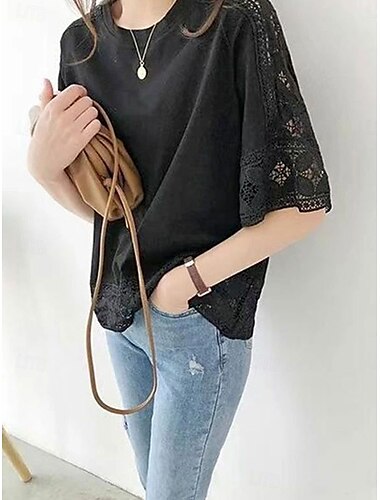  Femme Chemisier Couleur unie du quotidien mode Décontractées Demi Manches Col Ras du Cou Hauts réguliers du quotidien Vacances Sortie Dentelle Noir Blanche Rose Claire Gris Eté Printemps