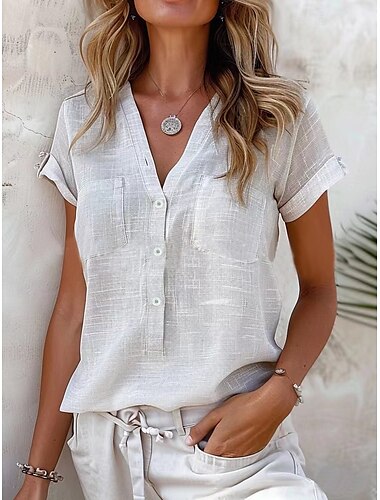  Dames Overhemd Katoenen linnen overhemden Knoop omhoog Blouse Effen Kleur Basic Casual Korte mouw V-hals Normale tops Dagelijks Zak Zwart Blozend Roze blauw Oranje Lichtgrijs Zomer Lente