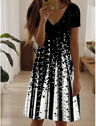  Femmes Mini Robe Robe Décontractée Élégant Occasionnel Quotidien Coupe régulière A Ombre Géométrique Plaid Manche Courte Col ras du cou Noir et Blanc Été