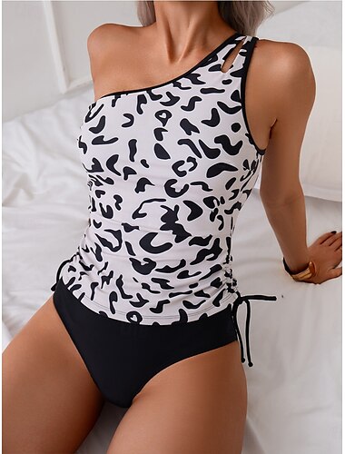  Damen Badeanzug Ein Stück Bademode Rückenfrei Bauchkontrolle Hohe Taillenlinie Schlank Urlaub Strandbekleidung Graphic Asymmetrischer Hals Ärmellos Badeanzüge