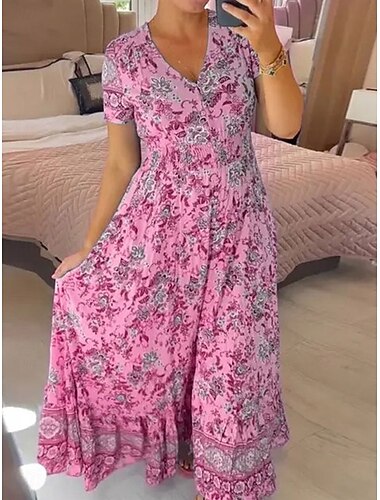  Dámské Maxi šaty Volnočasové šaty Boho šaty Elegantní stylové Na běžné nošení Dovolená Ležérní Denní Běžný Květinový Krátký rukáv Do V Světlá růžová Námořnická modř Fialová Světle modrá Léto Jaro