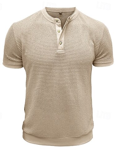  Herren Waffel-Henley-Hemd Henley Shirt Strick-T-Shirt Kurzarm Feste Farbe Glatt Strickware Casual Knopf Strick Henley Outdoor Casual Täglich Sommer Frühling & Herbst Schwarz Weiß Grau Henley T-Shirt
