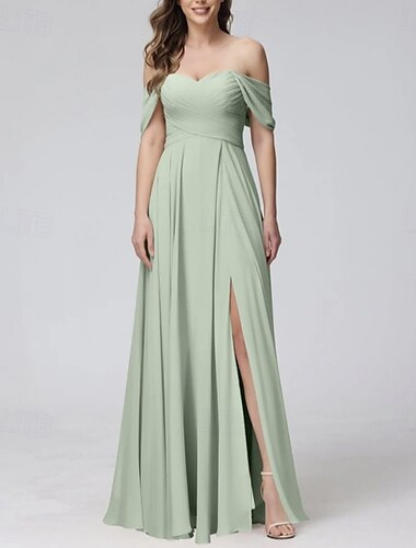  A-Line Bridesmaid Dress Sweetheart Short Sleeve Elegant Floor Length Chiffon with Split Front / Ruching