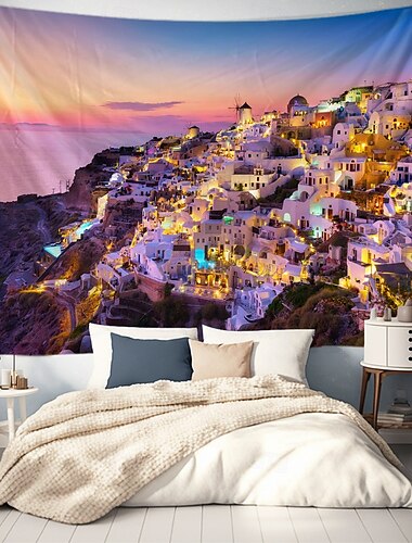  Landschaft Saint Torini Wandteppich Wandkunst Große Wandteppich Wanddekoration Fotohintergrund Decke Vorhang Zuhause Schlafzimmer Wohnzimmer Dekoration