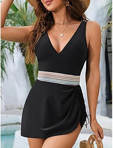  Damen Badeanzug Ein Stück Monokini Bademode Rückenfrei Bauchkontrolle Hohe Taillenlinie Schlank Urlaub Strandbekleidung Feste Farbe V Ausschnitt Ärmellos Badeanzüge