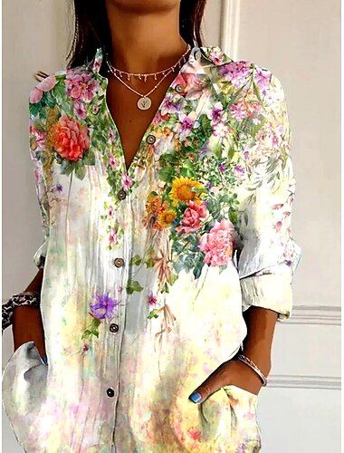  Camicetta da Donna Button Down Tunic Shirt Collar Maniche Lunghe Ombre Grafica Floreale Quotidiana Stile Retro Vintage Regolare Tops Festa Quotidiana Uscita s Giallo Primavera
