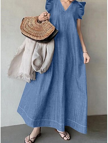  Damen kleid lang Jeanskleider Boho Chic Kleider Böhmen Vintage Stilvoll Urlaub Casual Täglich Lockere Passform Glatt Ärmellos V Ausschnitt Schwarz Marineblau Blau Sommer Frühling