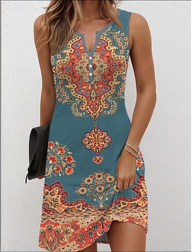  Vrouwen Mini Jurk Casual Jurk Petite Jurk Zomerjurk Casual Vakantie Dagelijks Feest Reguliere Pasvorm Bloemige Grafisch Bohemian Mouwloos V Neck Rood Marineblauw Blauw Paars Zomer