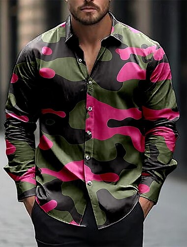  Herr Skjorta Sommarskjorta Casual skjorta Strandskjorta Knapp upp skjorta Svart / Orange Rodnande Rosa Blå Orange Armégrön Långärmad Kamouflage Kavajslag Semester Hawaiisk Knappar Kläder Polyester