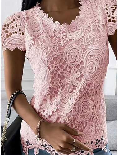  Damen Bluse Feste Farbe Elegant Täglich Stilvoll Kurzarm V Ausschnitt Normale Oberteile Täglich Festtage Ausgehen Spitze Weiß Rosa Wein Blau Sommer Frühling
