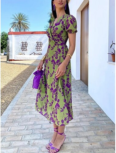  Damen Maxidress Casual kleid A Linie Kleid Stilvoll Brautkleider schlicht Urlaub Täglich Regular Fit Blumen Kurzarm V Ausschnitt Grün Sommer
