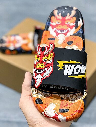  Rote Slide-Sandalen für Herren mit Drachen-Print und 3D-Drachen-Design, lässiger Stil für Sommer und Festivals