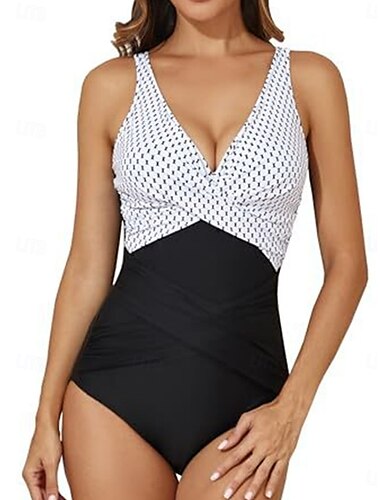  Damen Badeanzug Ein Stück Monokini Bademode Rückenfrei Bauchkontrolle Hohe Taillenlinie Schlank Urlaub Strandbekleidung Streifen V Ausschnitt Ärmellos Badeanzüge