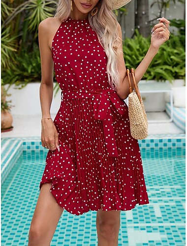  Damen Minikleid Casual kleid A Linie Kleid Stilvoll Brautkleider schlicht Urlaub Täglich Regular Fit Punkt Ärmellos Stehkragen Wein Königliches Blau Sommer