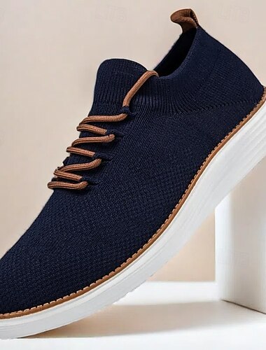  marinblå stickade sneakers för män med snörning och vadderad sula för bekvämt vardagsbruk