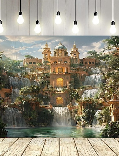 A Castle house plants lake water waterfall  Landscape Tapestry Wall Art Large Tapestry Mural Decor Photograph Backdrop Blanket Curtain Home Bedroom Living Room Decoration