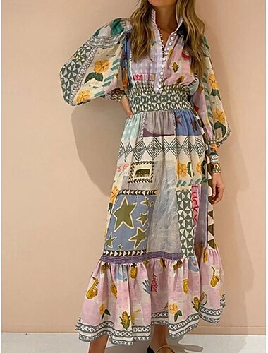  Damen Midikleid Corsagenkleider Sommerkleid Figurbetontes Kleid Kleid mit Puffärmeln Urlaub Urlaub Strasse Casual Regular Fit Graphic Langarm V Ausschnitt Regenbogen Sommer