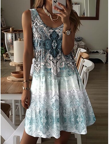  Dames Mini-jurk Vintage Jurk Casual jurk Mini-jurk Zonnejurk Bohemen Vakantie Casual Vakantie Dagelijks Feestdagen Normale pasvorm Grafisch Geometrisch Paisley Mouwloos Strakke ronde hals blauw Zomer