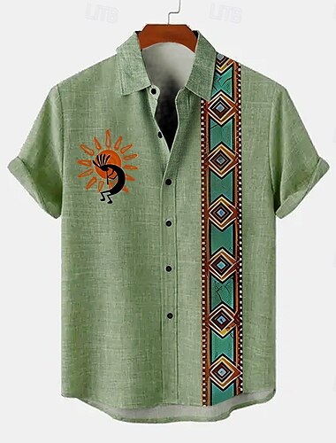  Voor heren Overhemd linnen overhemd Hawaiiaans overhemd retro-overhemden Vintage overhemd Etnisch shirt Dagelijks Groen khaki Beige Korte mouw Strijkijzer Zomer Lente Kleding