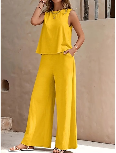  Femmes Élégant Mode Streetwear Ensembles deux pièces Chemisier Gilet Pantalons Sans manches Col ras du cou Couleur Unie Extérieur Travail Occasionnel Noir Jaune Bleu Marine Été Coupe régulière