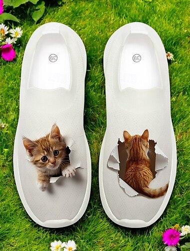  Slip-On-Flyknit-Sneaker mit Katzen-Print-Design, atmungsaktivem Obermaterial und bequemer Sohle für lässiges und unterhaltsames Tragen