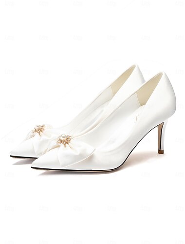 Hochzeitspumps mit Satinschleife – schicke Stilettos mit spitzer Spitze und Perlenverzierungen für die Braut