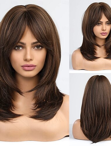  女性用ウィッグ 前髪付きロングレイヤーウィッグ 耐熱合成繊維ウィッグ