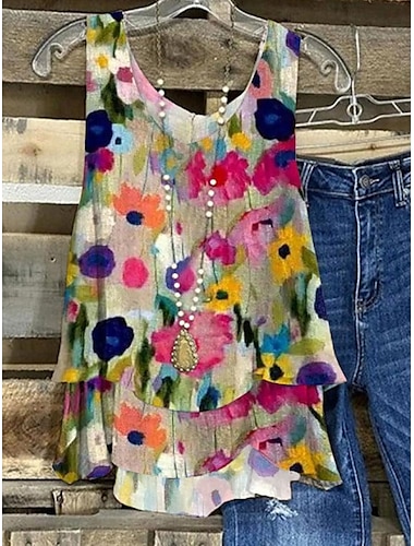  Débardeur en camisole pour femmes floral décontracté à sans manches col en V tops réguliers impression quotidienne rose été